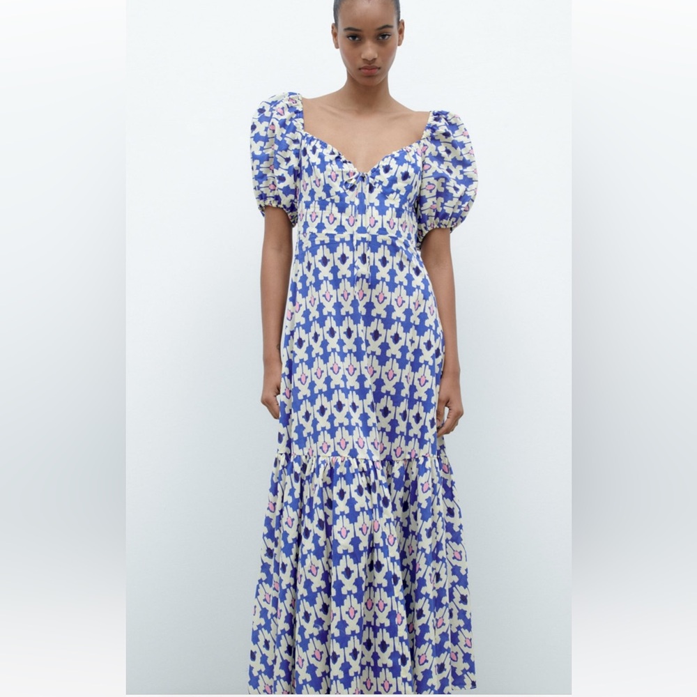 Zara Blue, White & Pink Printed Midi Dress